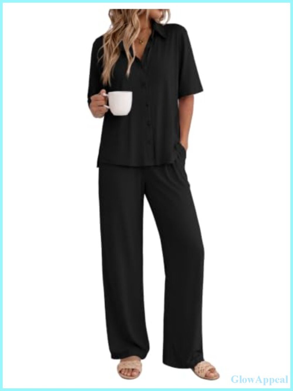 Ekouaer Women's Button Up Short Sleeve Pajama Set with Long Pants